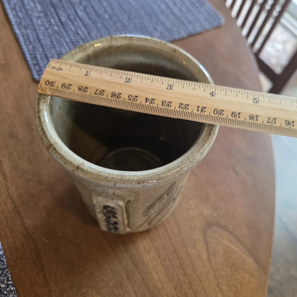 Pottery Crock Marked 'Spoons' Tan/Gray Glaze With Blue Wheat Sheafs